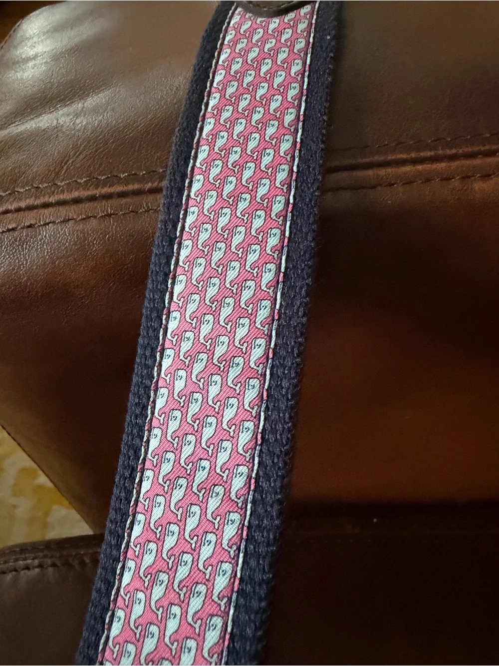 Vineyard Vines Navy Belt with Pink Whale-Print and Brown Leather Trim